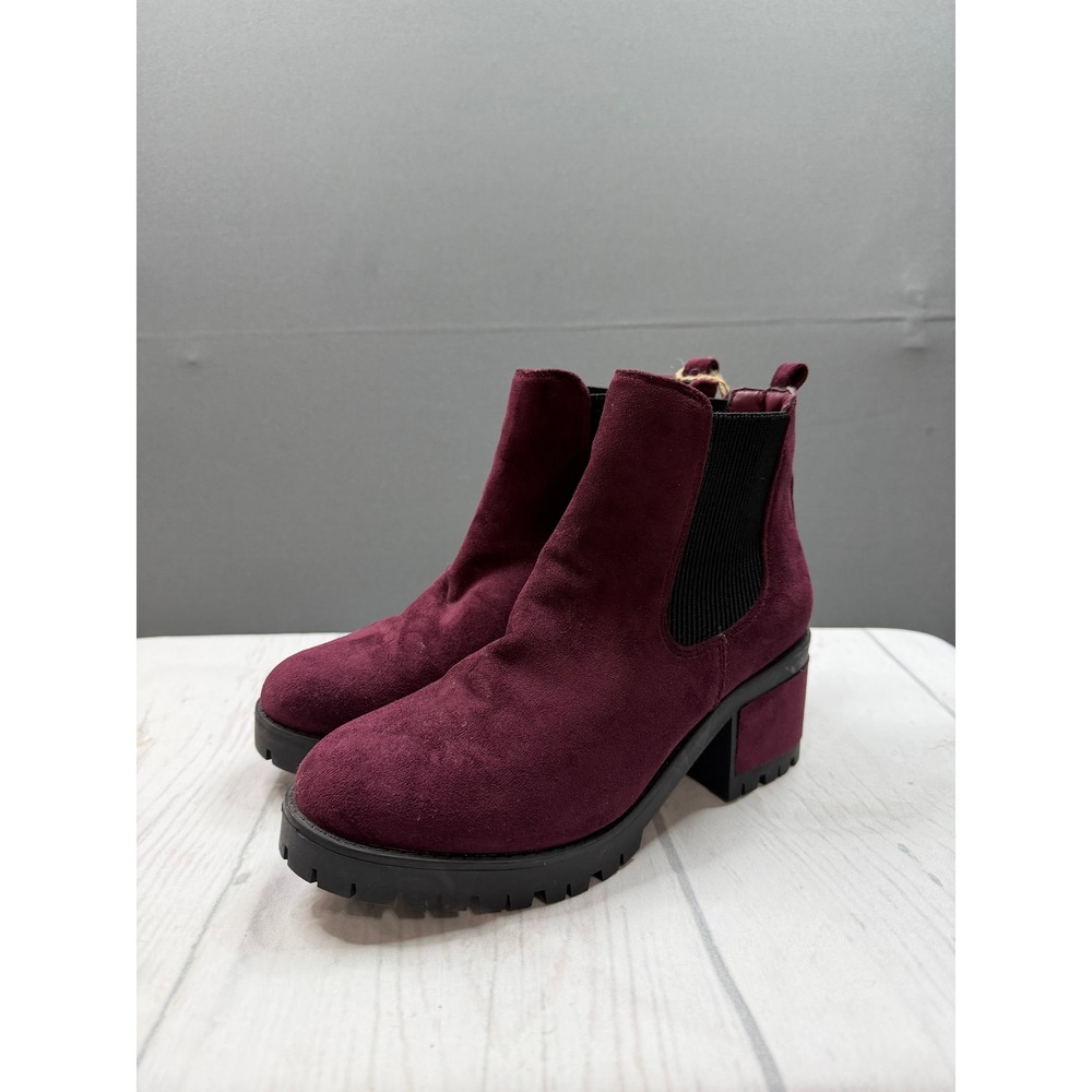 Seven7 Chelsea Boots Womens Burgundy Faux Suede Lug Sole Block Heel S2